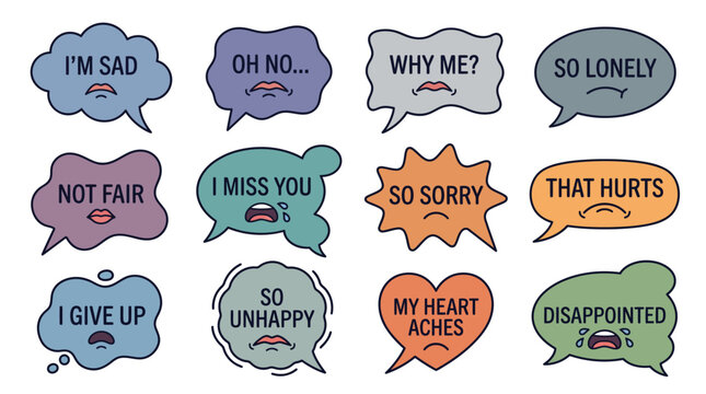 Sadness speech bubbles set with 12 emotional icons. Mental health depression stickers. Unhappy comic clouds for social media.