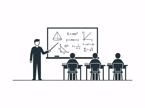 Male teacher pointing at blackboard with mathematical formulas and geometry diagrams
