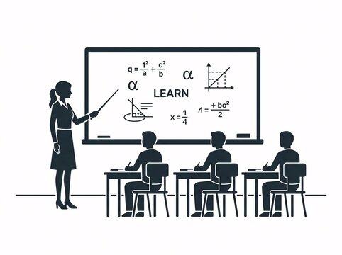 Female teacher explaining learn concept at blackboard with math equations and graphs