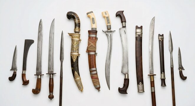 Set of antique traditional Southeast Asian blade weapons isolated on white background