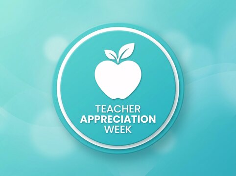 Teacher appreciation week circular badge design with white apple icon on blue