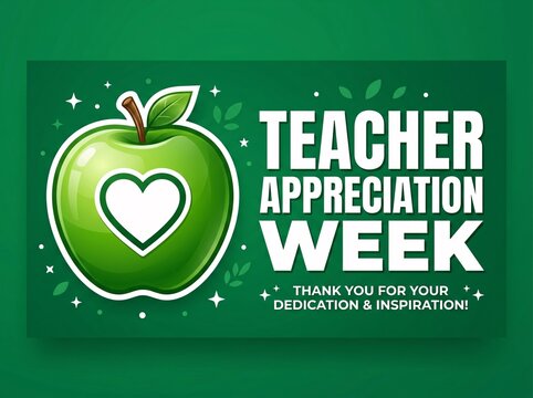 Teacher appreciation week banner design featuring green apple with white heart