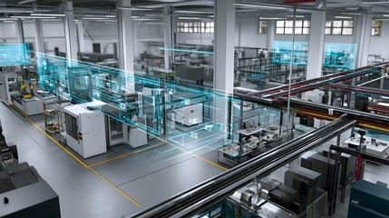 Naklejka premium A modern factory interior with transparent digital overlays showing real time ope nal data across hinery and workflow systems