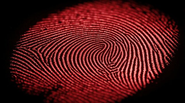Red fingerprint pattern on dark background. Unique thumbprint texture shows detailed ridges for identity security concept. Forensic mark symbol used for crime investigation, digital biometric scan,