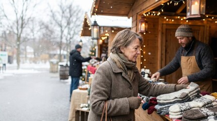 Obraz premium Local Holiday Markets and Community Gift Shopping, A woman shops at a winter market with snow falling around her, enjoying festive holiday offerings.