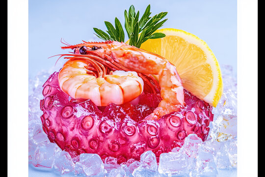 Fresh king prawn and octopus tentacle with lemon slice served on crushed ice background.