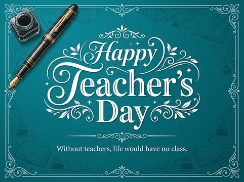 Happy teachers day elegant calligraphy card design with fountain pen and inkwell