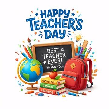 Happy teachers day banner design with globe books and best teacher ever message