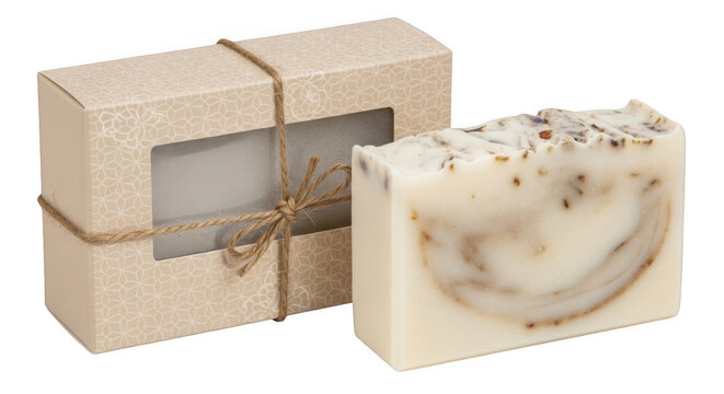 Handmade organic soap bar with eco-friendly kraft paper gift box packaging isolated on white