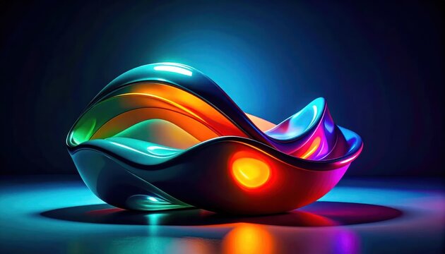 Vibrant glossy abstract 3D wave sculpture with neon lighting