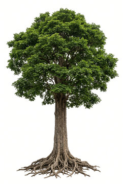 Mature Ako hardwood tree, broad dense tropical foliage, straight trunk and exposed root structure, full tree visible, 23 ratio, isolated on seamless pure white background