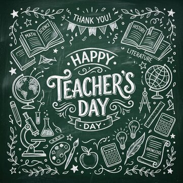 Happy teachers day chalk drawing on green chalkboard with school supplies