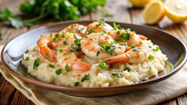 A plate of creamy risotto topped with cooked shrimp garnished with lemon zest and chopped parsley