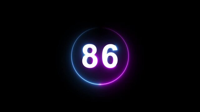 A dynamic circular animation, and glowing count neon number 86 animation . on a black background. and creating a stunning 4k video.
