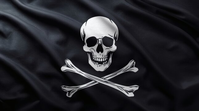 Classic Jolly Roger pirate flag with skull and crossbones waving gently