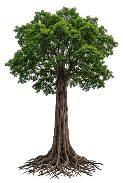 Mature Pardo hardwood tree, tall trunk with dense tropical green canopy and detailed exposed root system, full tree visible, 23 ratio, isolated on seamless pure white background,