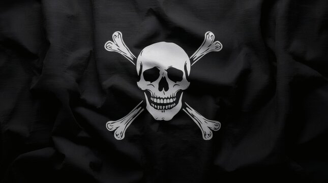 Classic pirate flag with skull and crossbones on black fabric background