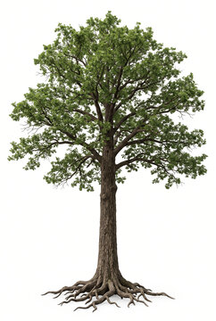 Mature Roble hardwood tree, tall elegant trunk with broad spreading green crown and exposed roots, full tree visible, 23 ratio, isolated on seamless pure white background