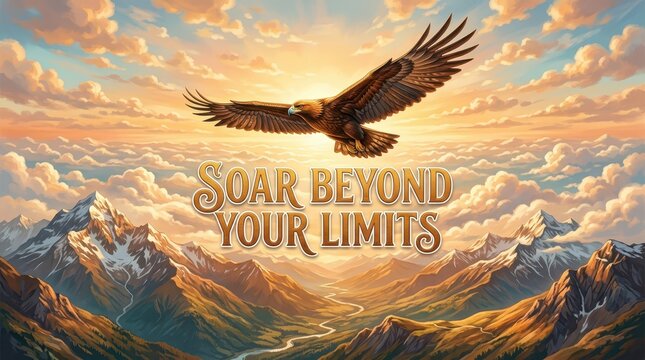Majestic eagle soaring above rugged mountains and clouds at sunset, symbolizing freedom and exceeding limitations.