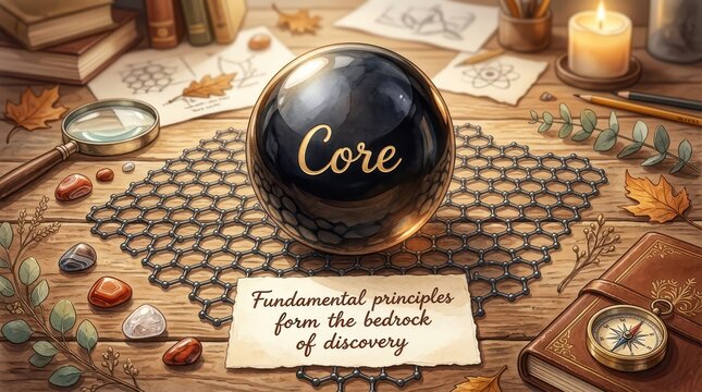 Mysterious Crystal Ball with "Core" Inscription on Rustic Table Surrounded by Books, Magnifying Glass, and Autumn Leaves