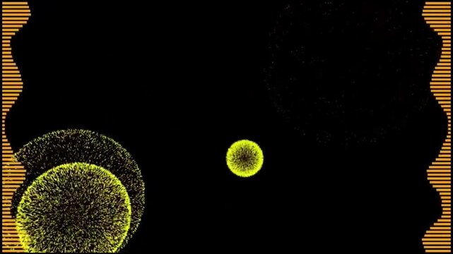 Glowing Yellow Fireworks Burst and Fireball Motion Graphic Overlay with Audio Equalizer Frame Border