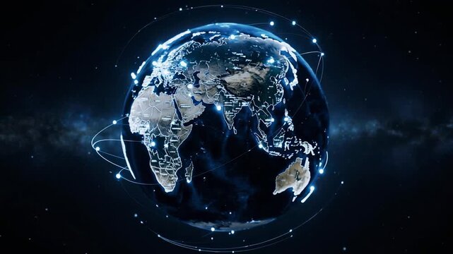 Global network rotation with glowing connections in dark digital space