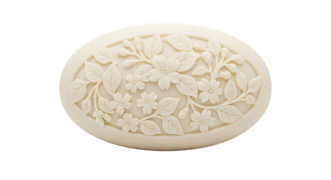 Oval bar of organic floral soap with embossed flower pattern isolated on white background
