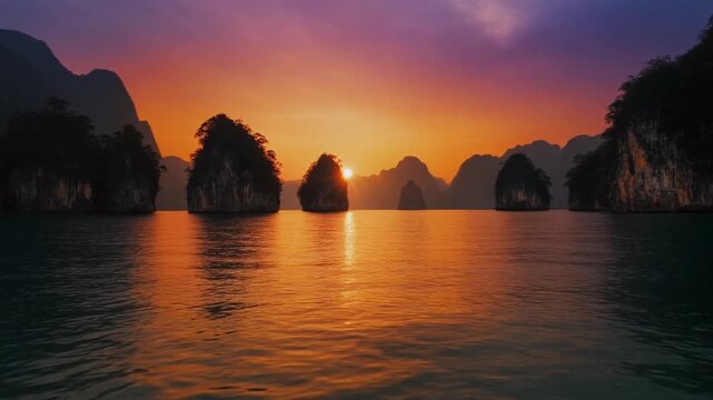 Scenic golden sunrise over khao sok lake with limestone mountains