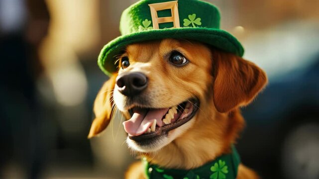 Happy Golden Retriever Wearing Green Leprechaun Hat for St. Patrick's Day
