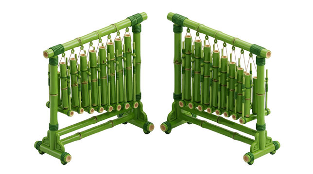 Two traditional indonesian angklung musical instruments made of bamboo on a transparent background