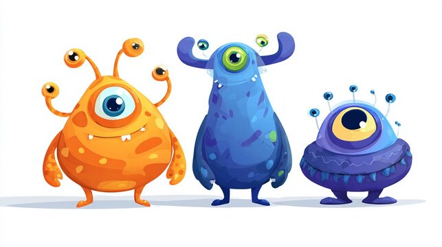 Monsters stand in a row with funny expressions.