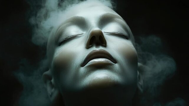 Serene face of a woman with closed eyes surrounded by smoke and mist