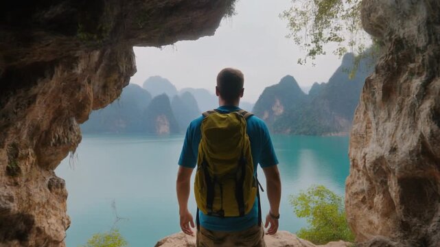 Hiker viewing khao sok lake from a dark cave entrance