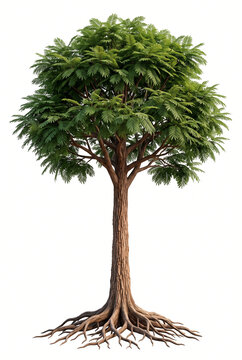 Mature Louro Vermelho tree, broad tropical canopy and robust hardwood trunk with exposed roots, full tree visible, 23 ratio, isolated on seamless pure white background