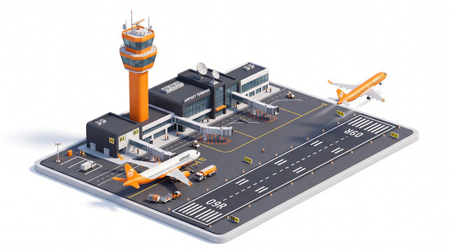 Isometric 3D rendering of an airport terminal building with runway