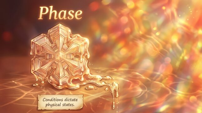 Melting ice crystal or snowflake graphic representing phases and states of matter with text "Phase" and "Conditions dictate physical states."