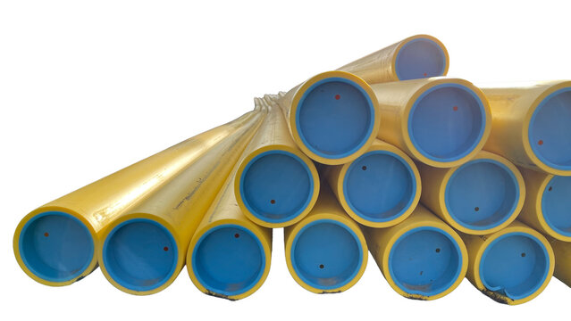 stack of yellow 40 foot pipes with blue protective end caps Isolated on transparent background 