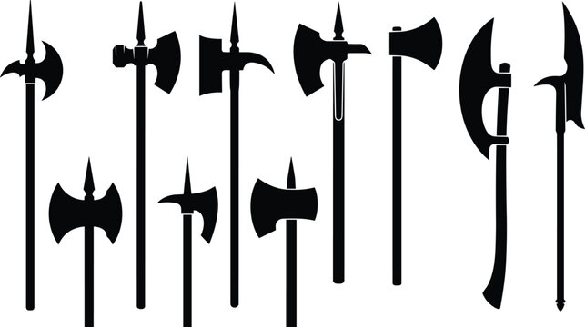 Medieval weapon black silhouette vector set featuring battle axes, halberds, and polearms for game design