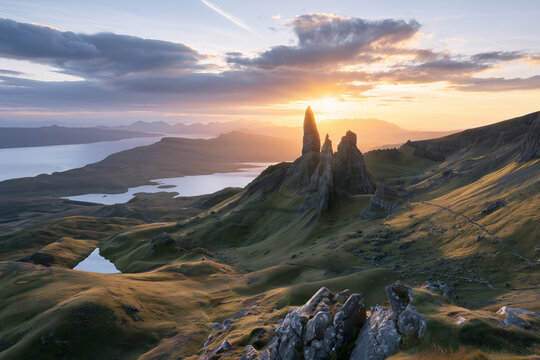A dramatic landscape with a cliff rising above lush green hills