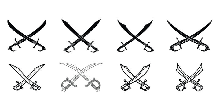 Set of crossed pirate cutlass and sabre swords vector graphics with weapon vector blade icons military weapons historical swords combat weapons