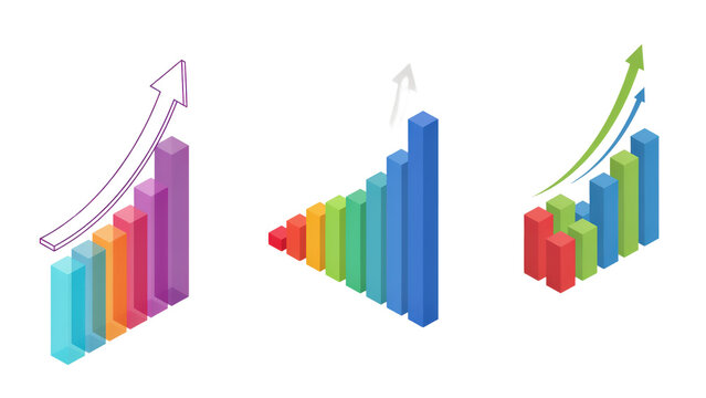 Set of three isometric bar charts with upward trending arrows representing financial growth and data analysis isolated on a transparent background