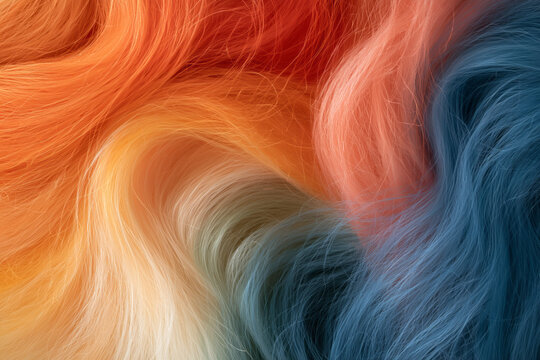 Close‑up abstraction with silky curls in bright orange, peach, and bluish‑gray hues.