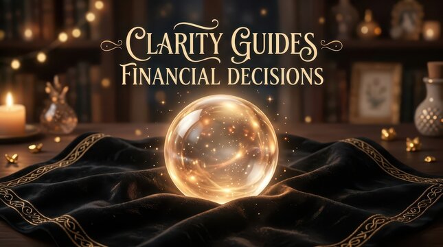 Mystical Crystal Ball Revealing Clarity for Financial Decisions Amidst a Magical, Candlelit Study with Bookshelves