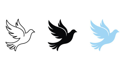Fototapeta premium Set of three dove icons in different styles, including outline, solid black, and light blue silhouette, representing peace and freedom
