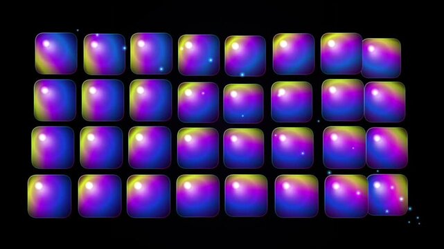 Colorful grid of glowing square button tiles with shifting neon light patterns and sparkling digital elements on a dark black background