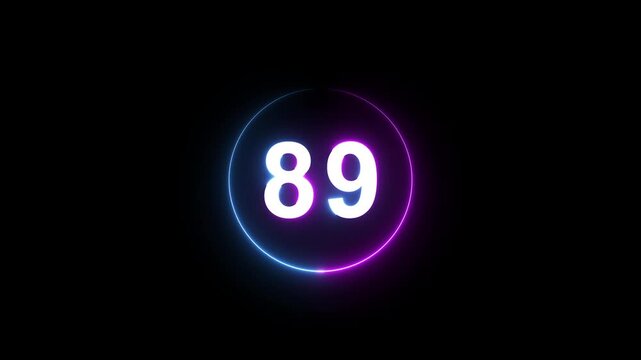 A dynamic circular animation, and glowing count neon number 89 animation . on a black background. and creating a stunning 4k video.