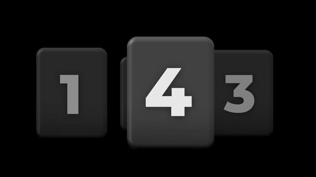 3D dark mode number carousel UI animation cycling numbers 1 to 4 on elevated rounded tiles against a black background