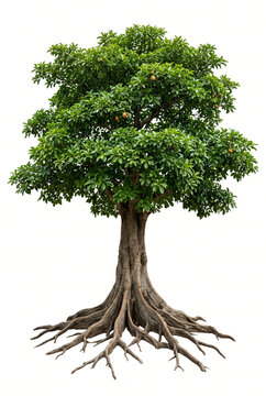 Mature Antiaris tree, large tropical hardwood with broad dense canopy and thick trunk, exposed roots, full tree visible, 23 ratio, isolated on seamless pure white background