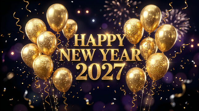 Golden balloons and confetti celebrate the arrival of the new year two thousand twenty seven