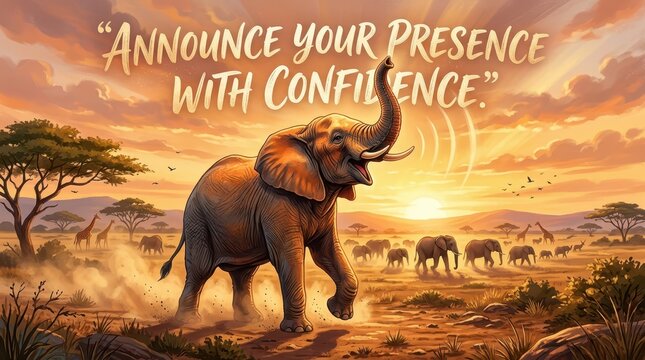 Majestic Elephant Trumpeting with Trunk Raised in African Savanna at Sunset, Announce Your Presence with Confidence